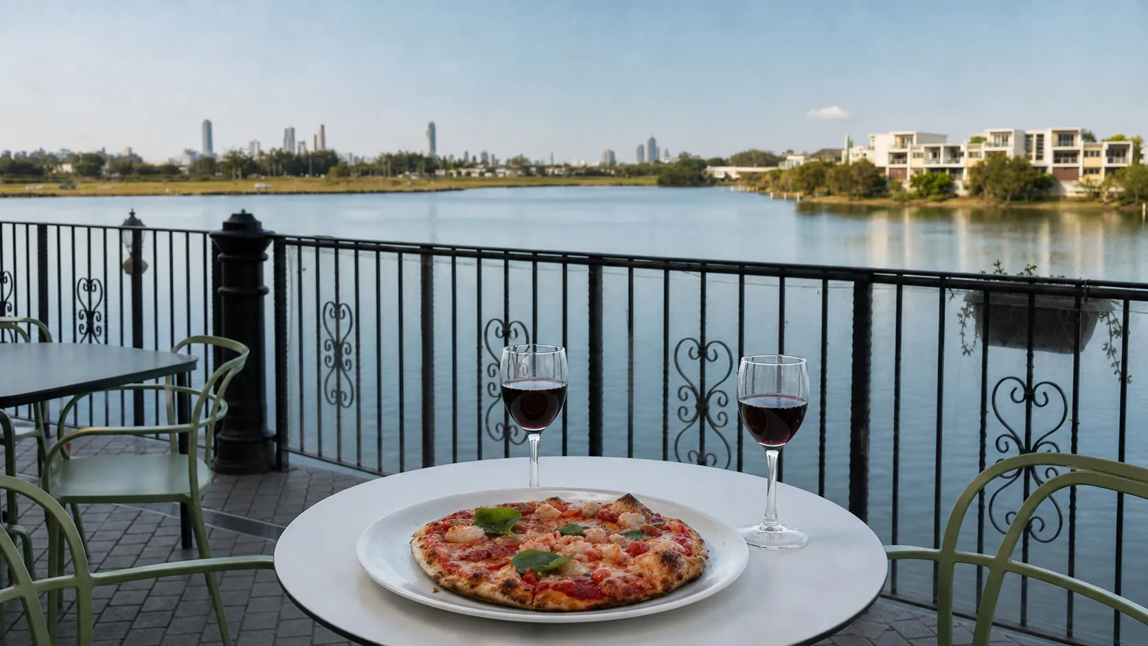 Pizza and wine on the Bar Lago lakefront terrace